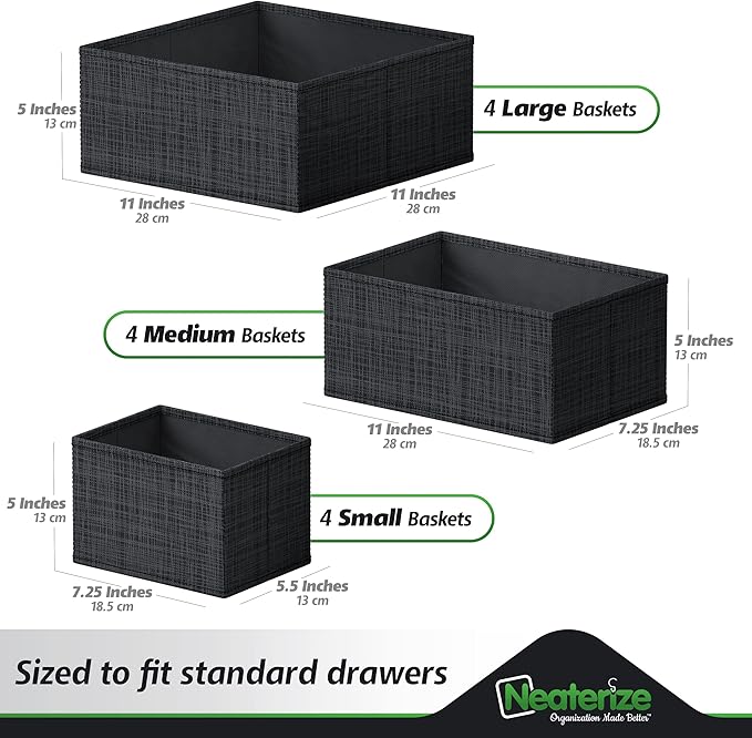 NEATERIZE Drawer Organizer Clothes Set of 12 Black - Dresser Organizer For Nursery, Bedroom, Closet