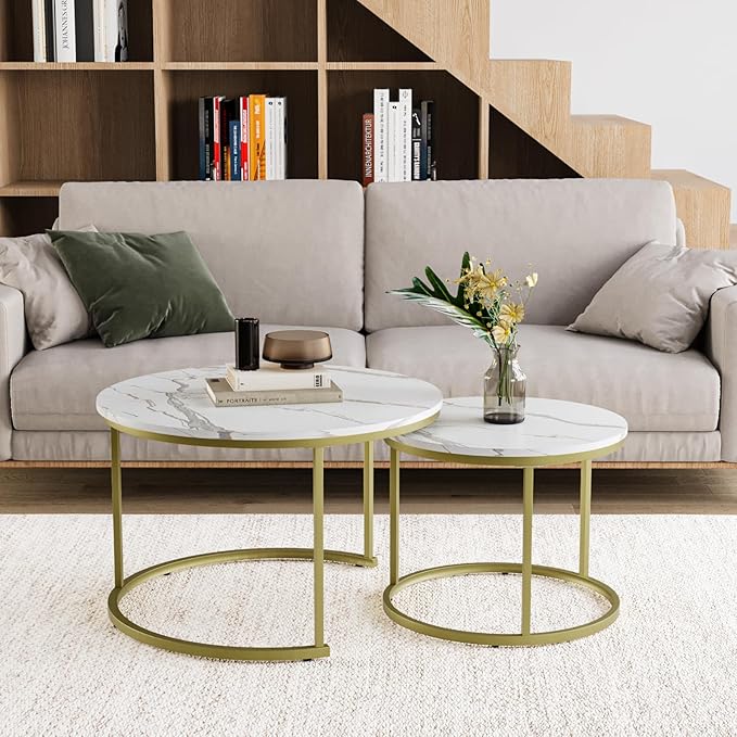 Smuxee White Nesting Coffee Table Set of 2, 27.6" Round Coffee Table Wooden Marble Pattern with Adjustable Non-Slip Feet, Industrial End Table for Living Room Bedroom Balcony