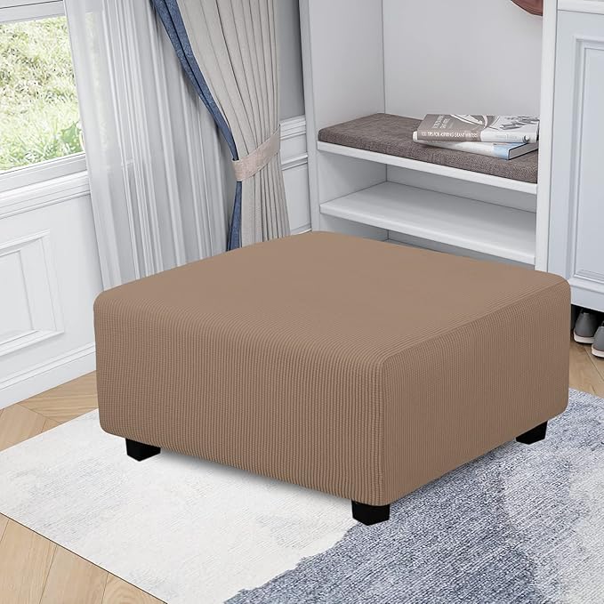 Easy-Going Stretch Square Ottoman Cover 40x40x15 inch Folding Storage Stool Furniture Protector Soft Rectangle slipcover with Elastic Bottom Camel