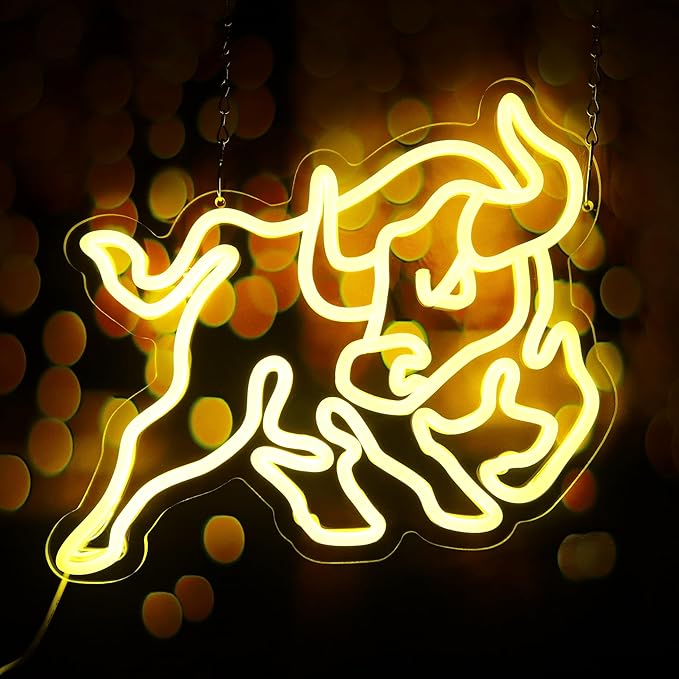 Bull Wall Street Neon Sign Dollar Neon Light Bull LED Neon Sign for Room Wall Décor Dimmable LED Neon Light for Bar Restaurant Music Concert Man Cave Game Room Wall Art 13"×11.8"