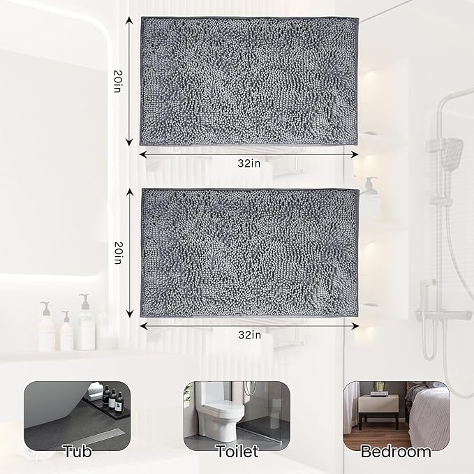 Bathroom Rugs Sets 2 Piece Washable, Luxury ,Chenille Bath Mat Set, Soft Plush Anti-Slip Rectangular Bath, Rug Super Absorbent. (Dark Gray, 32"x20"+32"x20")