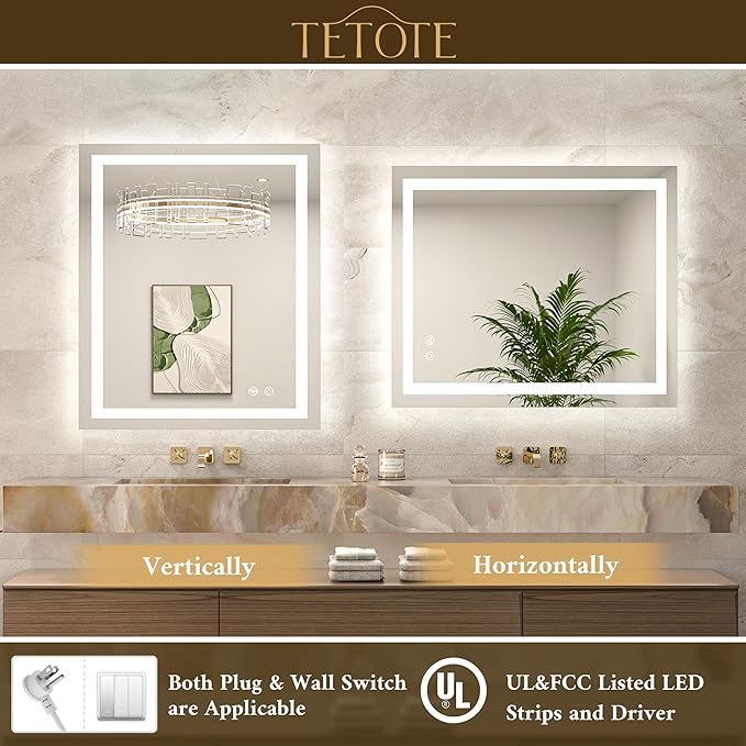 TETOTE LED Bathroom Mirror 24 x 36 Brighter Light up Mirror with Lights, Front and Backlit Lighted Mirror for Bathroom 3-Color Dimmable Led Vanity Illuminated Anti Fog Wall Mirror, Tempered Glass