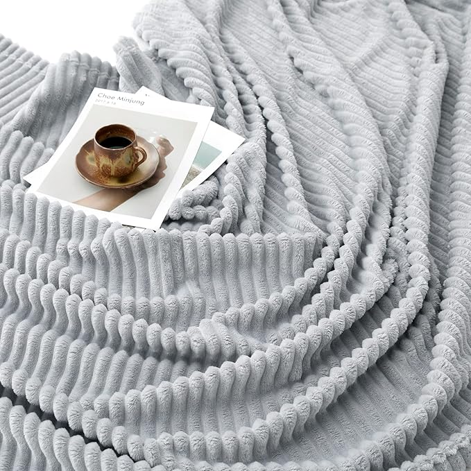 Vessia Flannel Fleece Light Grey Throw Blanket(50X70 Inch), 300GSM Warm and Soft Comfy Striped Bed Throw, Cozy Microfiber Ribbed Sofa Blanket for All Season