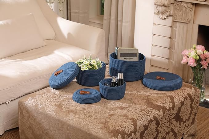 Cottonphant Set of 3 Stylish Round Woven Baskets with Lids - Elegant Storage Solution for Home Decor and Organization - Compact Shelf Baskets (Dark Blue, 10"x6"-8"x5"-6"x4")
