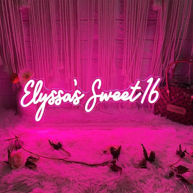 Custom Name Sweet 16 Neon Sign Sweet 16 Neon Light USB Powered with Dimmer Switch Neon Lights for Girls Room Home Art Wall Decor 16th Birthday Party Window Living Room Decor Birthday Gift for Kids
