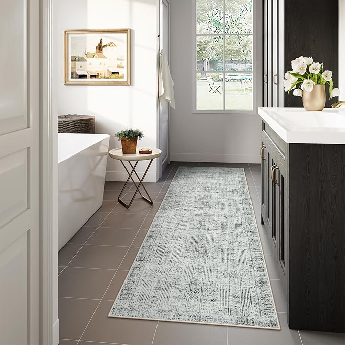 Lahome Long Hallway Runner Rug 10ft, Abstract Machine Washable Kitchen Rugs, Soft Non-Slip Gray Carpet Runner for Bathroom Laundry Room Office Sliding Door Entrance
