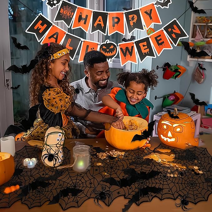 Indoor/Outdoor Halloween Decor Set - Mantel Scarf, Spider Table Runner, 3D Bats & Spiders, Happy Halloween Banner