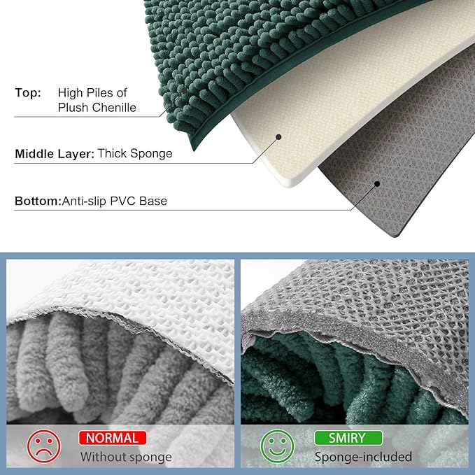 Smiry Luxury Chenille Bathroom Rugs 47x17, Extra Soft and Absorbent Shaggy Bath Mat, Machine Washable, Non-Slip Plush Carpet Runner for Tub, Shower, and Floor, Home Decor Accessories, Green