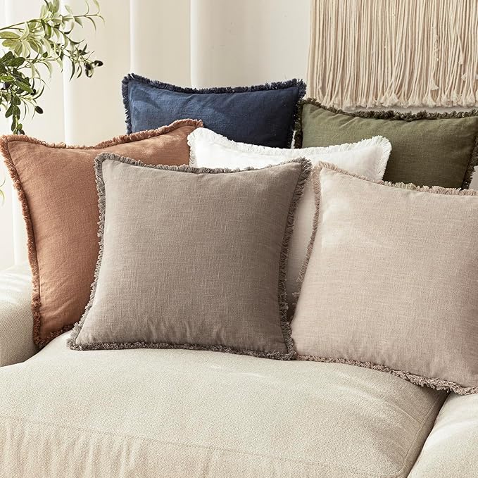 Foindtower Set of 2 Decorative Linen Fringe Throw Pillow Covers Boho Farmhouse Cushion Cover with Tassels Soft Accent Pillowcase for Couch Chair Sofa Bed Living Room Home Decor,18×18 Inch,Brown Tan