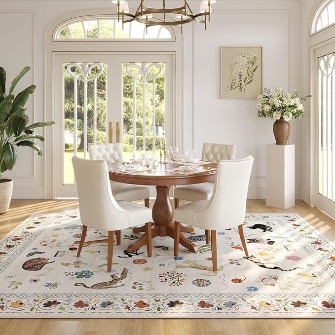 Living Room Rug 5x7 Rug Machine Washable Boho Area Rug Non Slip Floral Animal Cat Vintage Low Pile Large Rugs for Living Room Bedroom Farmhouse Dining Room Kids Playroom, Beige
