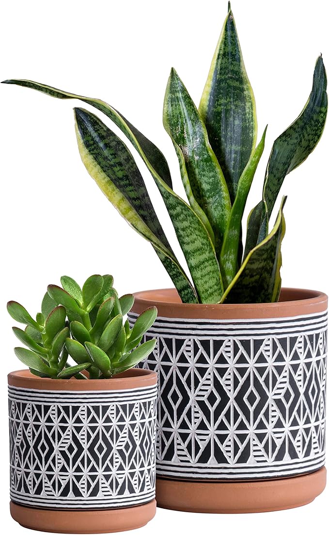 D'vine Dev Set of 2 Terracotta Pots, Diamond Pattern Planter Pot, 4 Inch and 6 Inch, Pot with Drainage Hole and Saucer, Terracotta/Black, 31-958-G-2