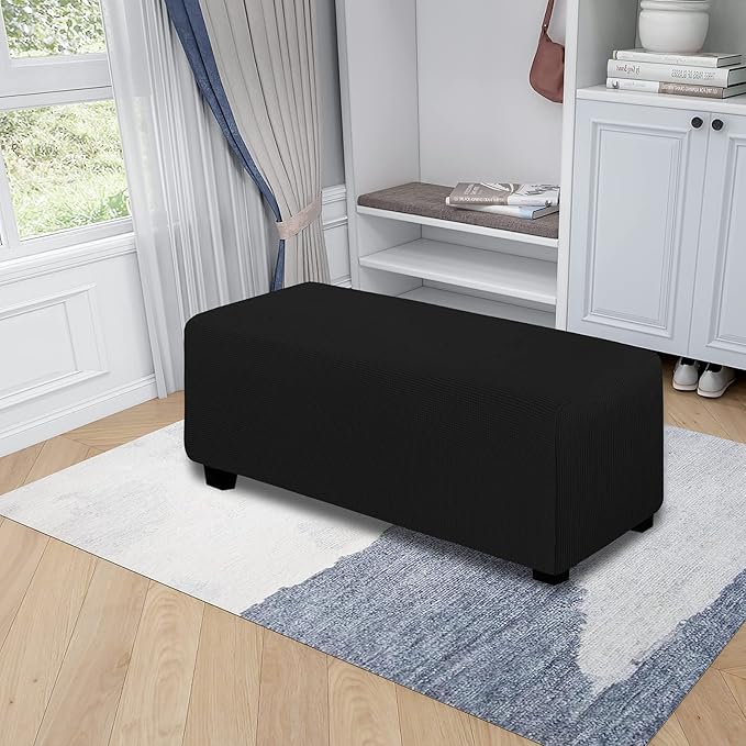 Easy-Going Stretch Ottoman Cover Folding Storage Stool Furniture Protector Soft Rectangle slipcover with Elastic Bottom (Ottoman X-Large,Black)