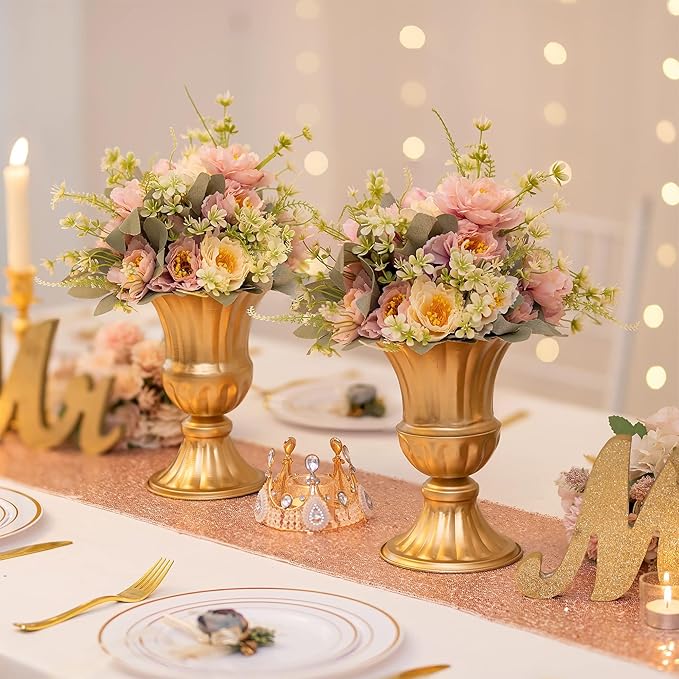 Sziqiqi Gold Flower Arrangements Vase for Wedding Table Centerpiece - 9in Metal Planter Vase Pot for Artificial Real Flower Small Trumpet Plant Urn for Garden