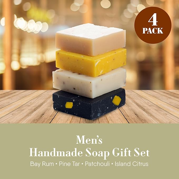360Feel Men’s Handmade Soap Gift Pack - Nourishing and Hydrating Set of Bar Soap for Men - Infused with Four Bold Masculine Scents Bay Rum, Pine Tar, Patchouli, and Island Citrus - Set of 4