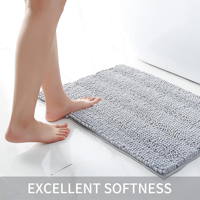 Bath Mat for Bathroom Ultra-Soft Machine Washable Rugs for Shower Room with Non-Slip Backing Shaggy Absorbent Luxury Chenille Bath Rug Perfect for Tub Sink Bedroom Door (16"x47", Light Grey)