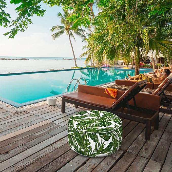 LVTXIII Indoor/Outdoor Inflatable Ottoman, D31 x H14 Inch Large Round Ottoman, All Weather Foot Rest Stool, Portable Footrest for Patio, Garden, Camping and Home - Palm Green