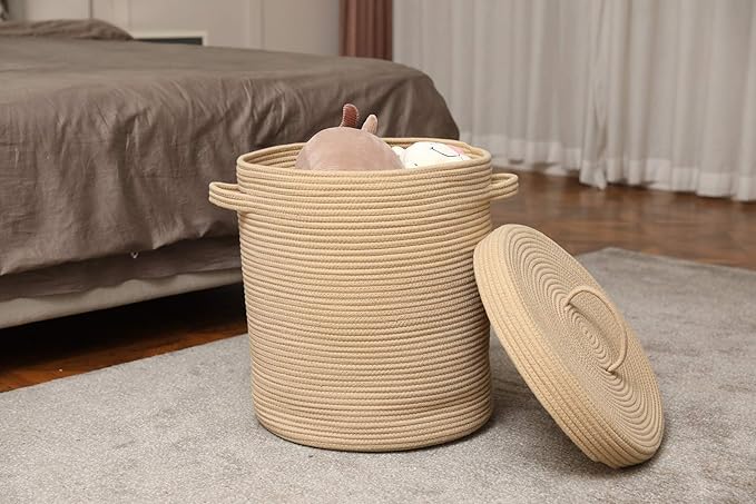16" x 16" x 18" Extra Large Storage Basket with Lid, Cotton Rope Storage Baskets, Laundry Hamper, Cloth Bin, for Clothes Towels Blankets Pillows Storage in Living Room, Full Beige with Cover
