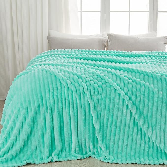 NEWCOSPLAY Super Soft Twin Blanket Aqua Premium Silky Flannel Fleece 3D Ribbed Jacquard Lightweight Bed Blanket All Season Use (Aqua Ribbed, Twin(60"x80"))