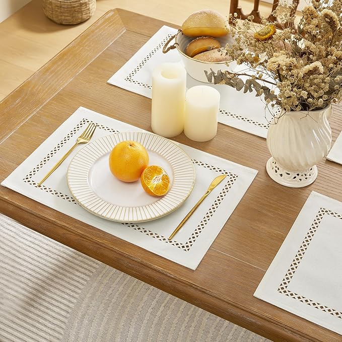 Burlap Placemats Set of 4, 12 x 18 Inch Rustic Geometric Hollow Place Mats, Heat Resistant Placemats for Farmhouse Kitchen Table Decor, Off White 4PCS