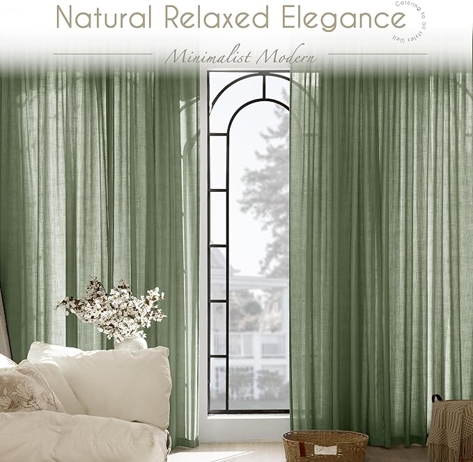 Olive Green Curtains 84 inch Length 2 Panels for Bedroom Back Tab Light Filtering Semi Sheer Drapes Linen Cotton Textured Airy Modern Farmhouse Living Room Sage Aesthetic Decor 52x84