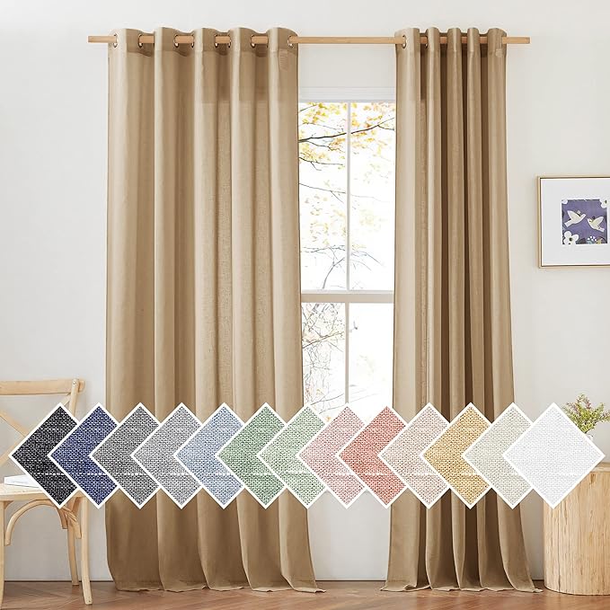 NICETOWN Sheer Linen Curtains Flax Texture 96 inch Long for Sliding Door, Grommet Semi Sheer Window Drapes Privacy with Light Filtering for Bedroom/Living Room, Camel, W70 x L96, 2 Panels