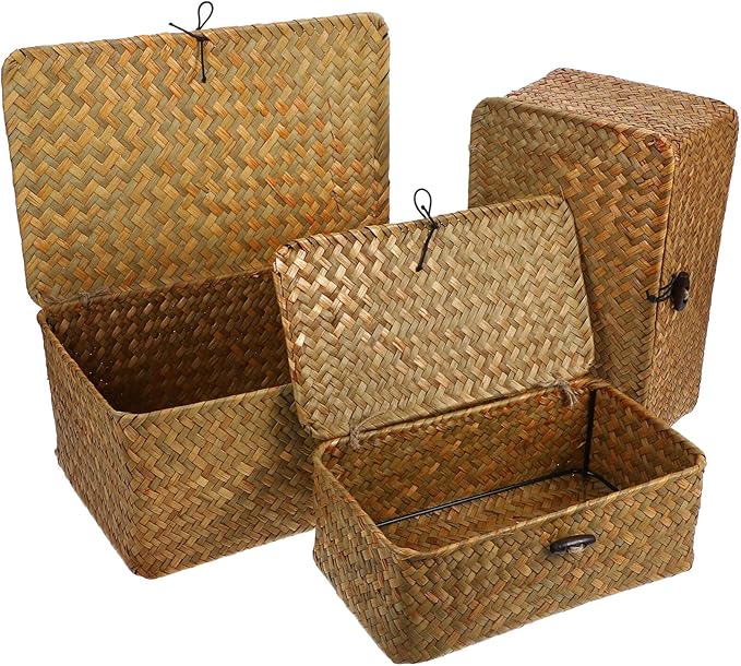 IMIKEYA 3pcs Seaweed Baskets with Lids: Woven Baskets Seagrass Storage Woven Basket Straw Desktop Rattan Storage Basket Hand-Woven Storage Basket for Shelf Desktop Home Decor