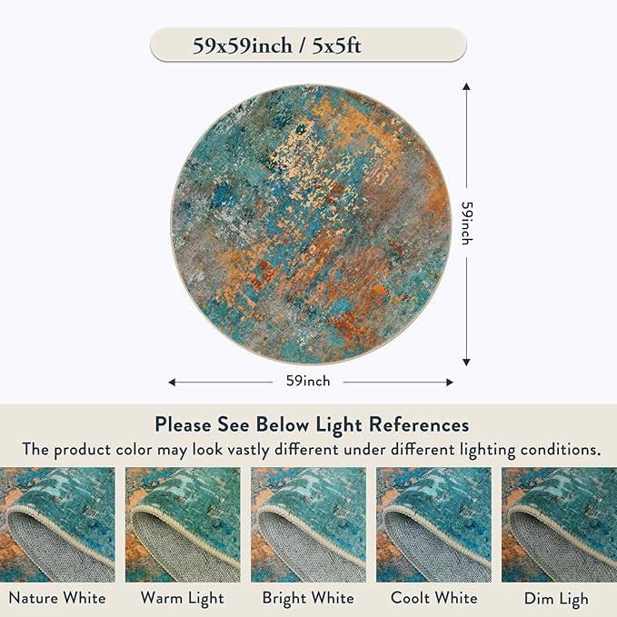 Lahome Modern Abstract Round Rug 5Ft - Colorful Washable 5x5 Circle Rugs for Living Room Bedroom Non Slip, Soft Indoor Floor Carpet for Dining Table Bathroom Nursery Dorm Decor