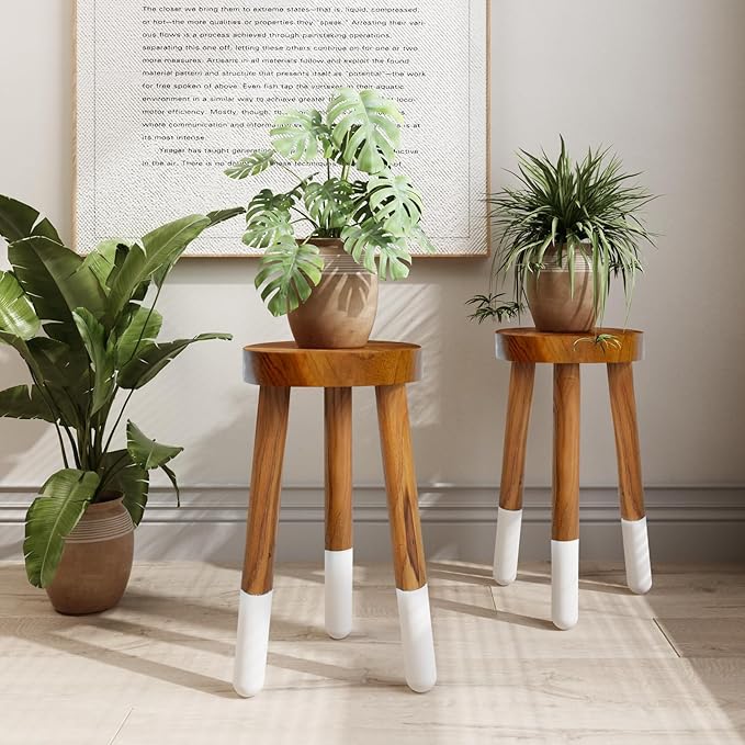 Teak 11.8” Round Dip Dyed Teak Stool | Wood Accent Side Table | Wood Plant Stand (20" Tall)