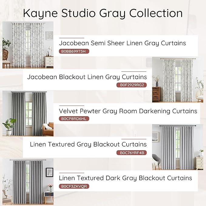 Kayne Studio Linen Grey Curtain Panels Linen Textured Botanical Leaf Print Floral Farmhouse Linen Curtain Drapes Light Filtering Window Treatments Living Room Bedroom Rod Pocket Back Tab,52"x102"x2