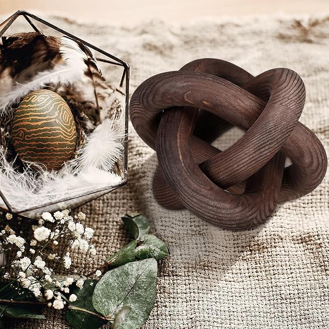 Yalikop 3 Link Wood Knot Decor - Hand Carved Coffee Table Decoration, Boho Chain Link Decor, Modern Shelf, Rustic Objects for Home Living Room Bedroom(Black Walnut)