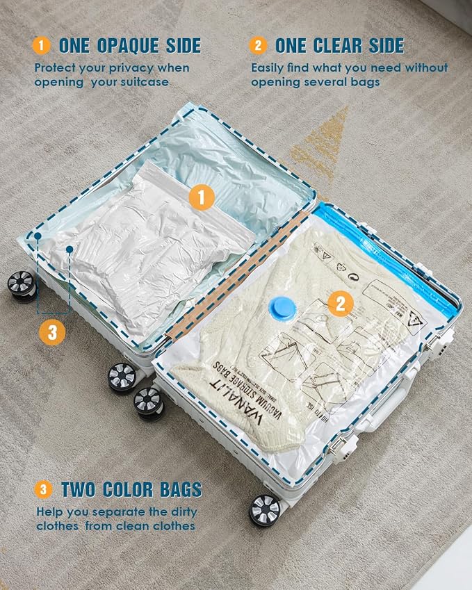 Vacuum Storage Bags for Travel, 12 Pack (4M+4S+4XS) Vacuum Seal Bags with Wireless Rechargeable Electric Pump, Travel Essentials Space Saving Bag for Clothes, Luggage, Carry-on Suitcase, Backpack
