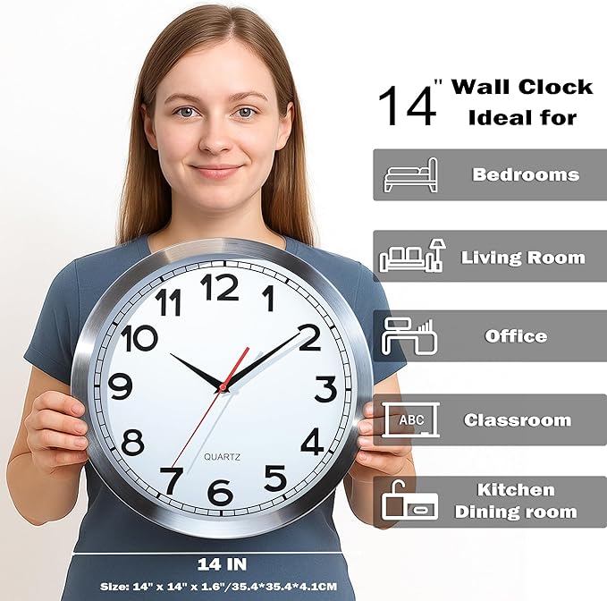 AYRELY® Wall Clock – 14 Inch Metal Decorative Modern Analog Clock, Silent Non-Ticking Battery Operated Large Classic Wall Clocks for Kitchen, Living Room, Bedroom, Office, Classroom(Classic-14in)