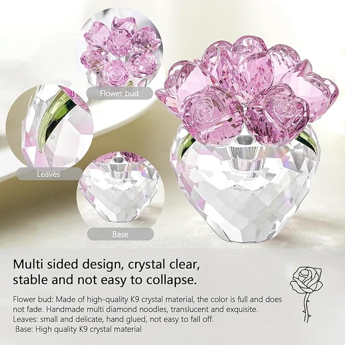 Crystal Flower Figurines- Glass Rose Home Decor - Flower Bouquet for Ladies Gifts(Pink)