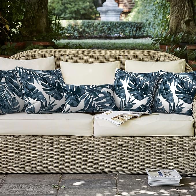 LVTXIII Outdoor Throw Pillow Covers Set of 2, Patio Waterproof Pillow Cases Fade Resistant Accent Pillow Covers for Home and Garden Furniture Decoration, 16x16, Palms Blue