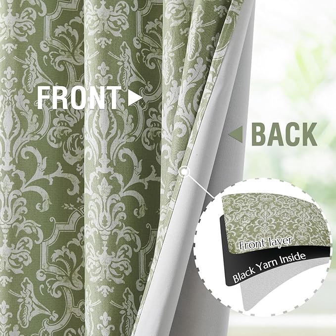 jinchan Room Darkening Curtains for Bedroom Sage Green Damask Patterned Curtains 96 Inch Length for Living Room Linen Textured Vintage 8FT Long Drapes Window Treatments Grommet Top 2 Panels Set