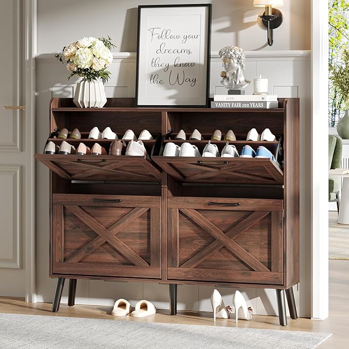 Maupvit Large Shoe Storage Cabinet with 4 Flip Drawers, Narrow Shoe Cabinet for Entryway with Wooden Legs, Freestanding Hidden Shoe Rack Organizer & Metal Hinges, Walnut