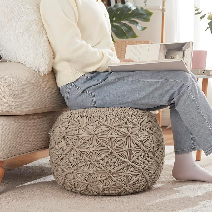 Ornavo Home Pouf Ottoman Foot Rest - 100% Cotton Pouffe - Hand Knitted Macrame Braid - Boho Round Stuffed Ottoman for Living Room, Bedroom - Beige