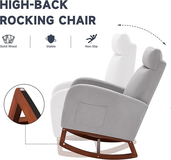 Rocking Chair Nursery Chair with Foot Rest, Nursery Rocking Chairs with High Back, Glider Rocking Chair with Pocket, Baby Nursery Glider Rocker, Nursing Chair Accent Living Room (Linen Grey)
