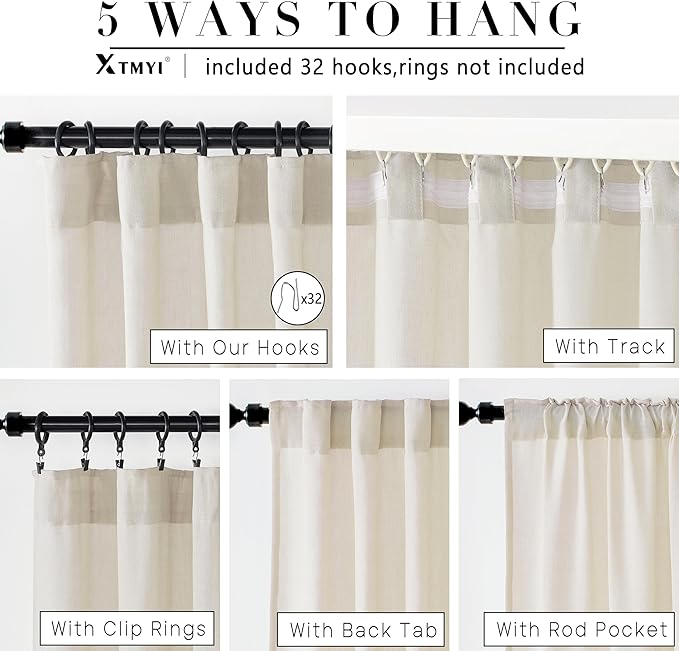 XTMYI Beige 100 Inches Long Country Curtains for Living Room,Sheer Linen Shabby Chic Curtains for Bedroom,50 Inches Wide