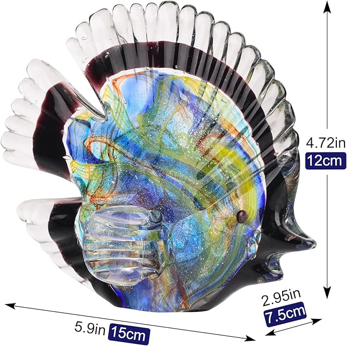 Blown Glass Fish Statues and Sculptures, Stained Glass Fish Modern Art for Coastal Style Home Decor, Shelves Office Fish Tank Bookcase and Entryway Entry Table Top Coffee Table.