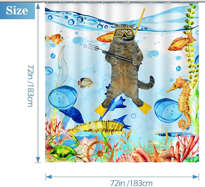 Funny Cat Shower Curtains for Bathroom - Sea Ocean Animal Underwater Tropical Fish Coral Seahorse Fun Bath Shower Curtain Set with 12 Hooks for Adults Kids Bathroom Decor Accessories, 72"x72"