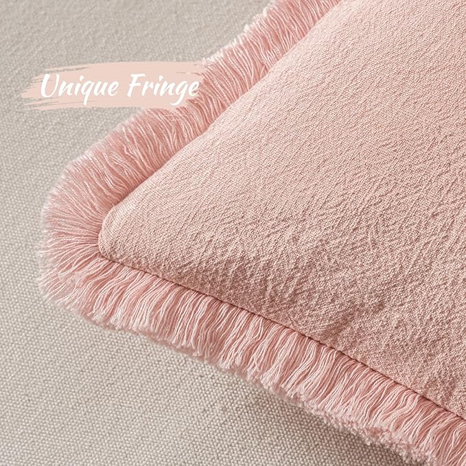 MIULEE Decorative Throw Pillow Covers Neutral Linen Fringe Throw Pillows Set of 2 Pink Boho Farmhouse Cushion Covers with Tassels for Couch Sofa Bed Living Room Spring Home Decor 18x18 Inch