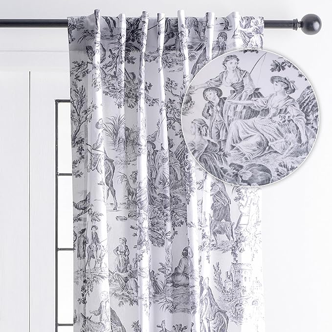 Maison d' Hermine Curtains for Living Room 100% Cotton 96 inch Length One Panel Light Filtering Toile Curtains with Rod and Loop Pockets (The Miller Paloma Gray (White Background), 50" W x 96" L)