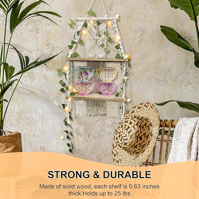 2 Tier Handmade Macrame Shelf, Boho Hanging Shelves, Macrame Wall Hanging Shelf with LED Light and Green Vine, Home Storage Cottage Core Bedroom Decor