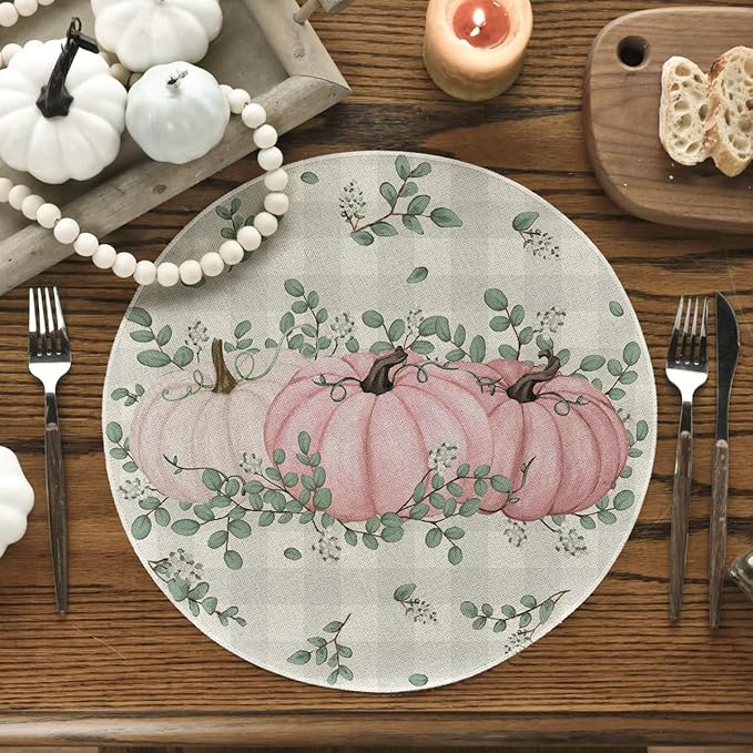 Artoid Mode Pink Pumpkins Fall Round Placemats Set of 4,14 Inch Eucalyptus Thanksgiving Seasonal Round Place Mats for Party Dining Decoration