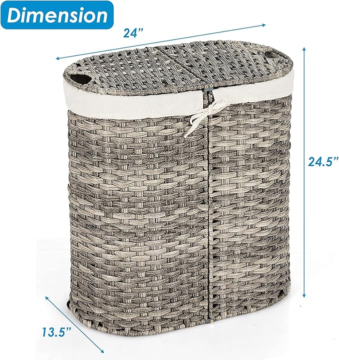 MAT EXPERT Rattan Laundry Hampers, Laundry Baskets with 2 Detachable Canvas Bags, Divided Laundry Hamper with Lids & Handles, Handwoven Oval Landry Bin, Clothes Hamper for Laundry Room/Bedroom (Grey)
