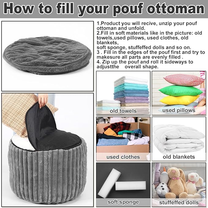 2 Pcs 20 x 15 Inch Unstuffed Pouf Cover Ottoman Foot Rest - No Filler, Faux Rabbit Fur Foot Stool Floor Bean Bag Floor Chair Storage for Living Room Bedroom Home Decor(Gray)