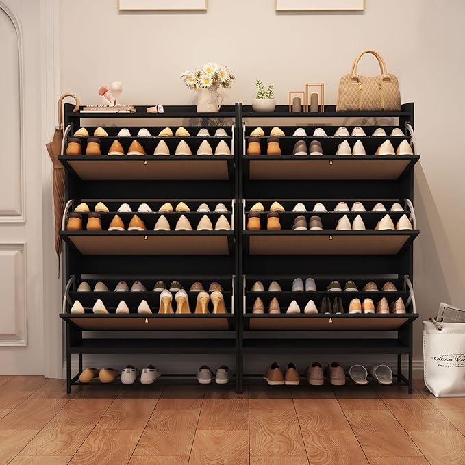 AVZEAR Shoe Cabinet, Shoe Cabinet Freestanding Tipping Bucket Shoe Rack Organizer with 3 Flip Drawers, Modern Entryway Narrow Shoe Rack for Entryway, Hallway, Bedroom (Black)