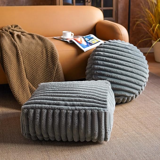 Unstuffed Pouf Ottoman Cover Soft Storage Extra Seat Farmhouse Comfortable Bohemian Poufs Accent Footrest 20x20x8 Inches for Living Room Bedroom Study Nook (Gray B, Round)