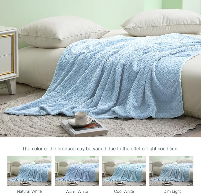 Exclusivo Mezcla Light Blue Fleece Twin Size Blanket for Bed, 90x66 Inches Soft Cozy Jacquard Flannel Blankets, Lightweight Fuzzy Plush Warm for All Seasons